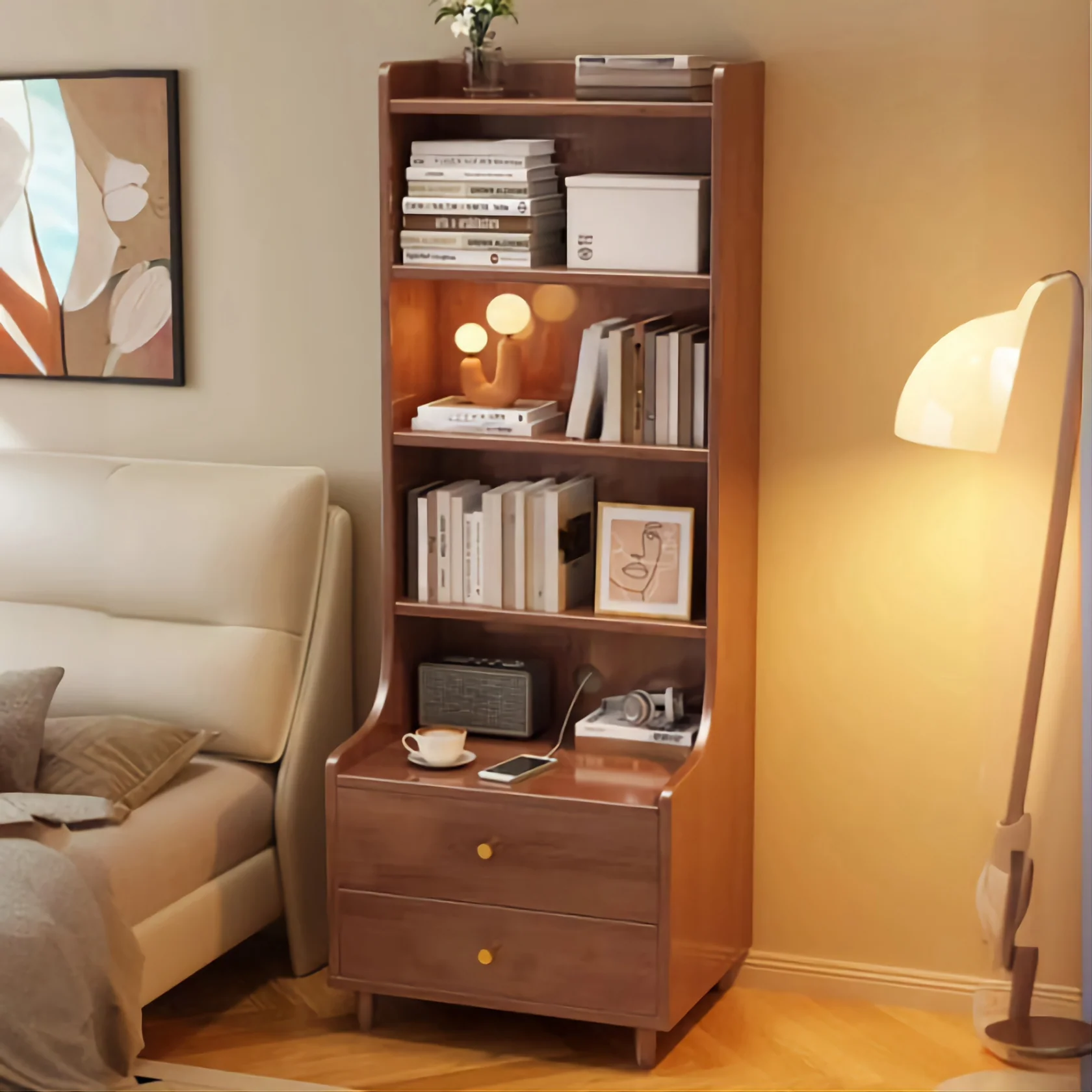 Elegant Wooden Bedside Table with bookshelf