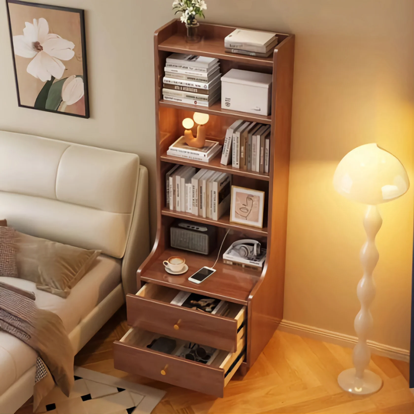Elegant Wooden Bedside Table with bookshelf - Image 2