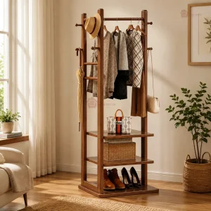 Premium Wooden Multi-Layer Alna | 3 Shelves & 6-Side Hooks